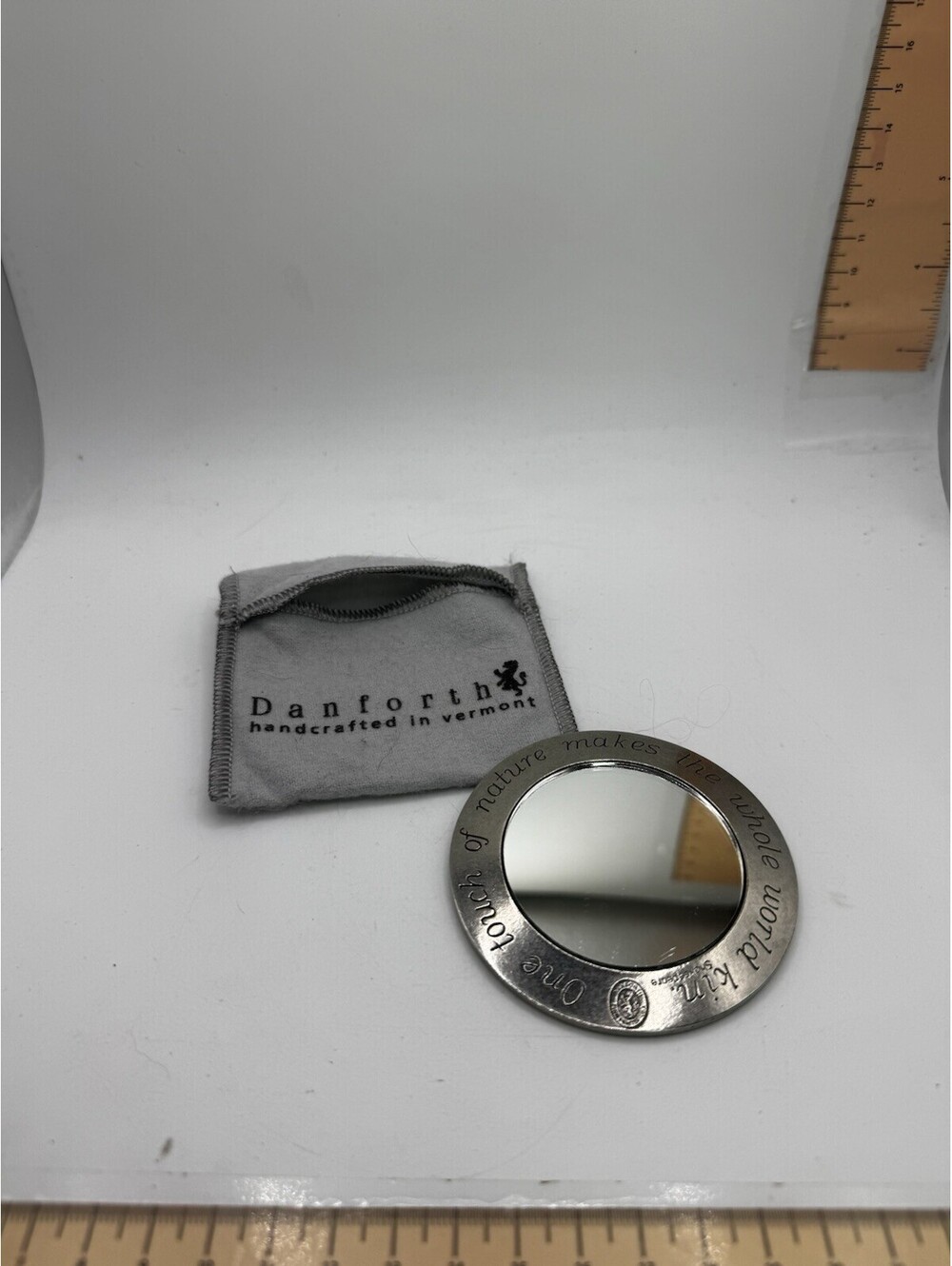 Danford Pewter Red Enamel Purse Mirror With Case - Shakespeare Quote - HC In VT